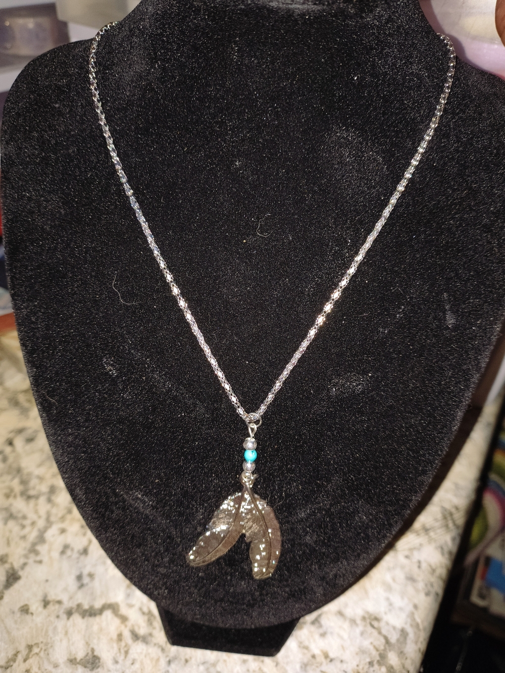 Silver Feather Pendant Necklace with Turquoise Accent - Women Jewelry